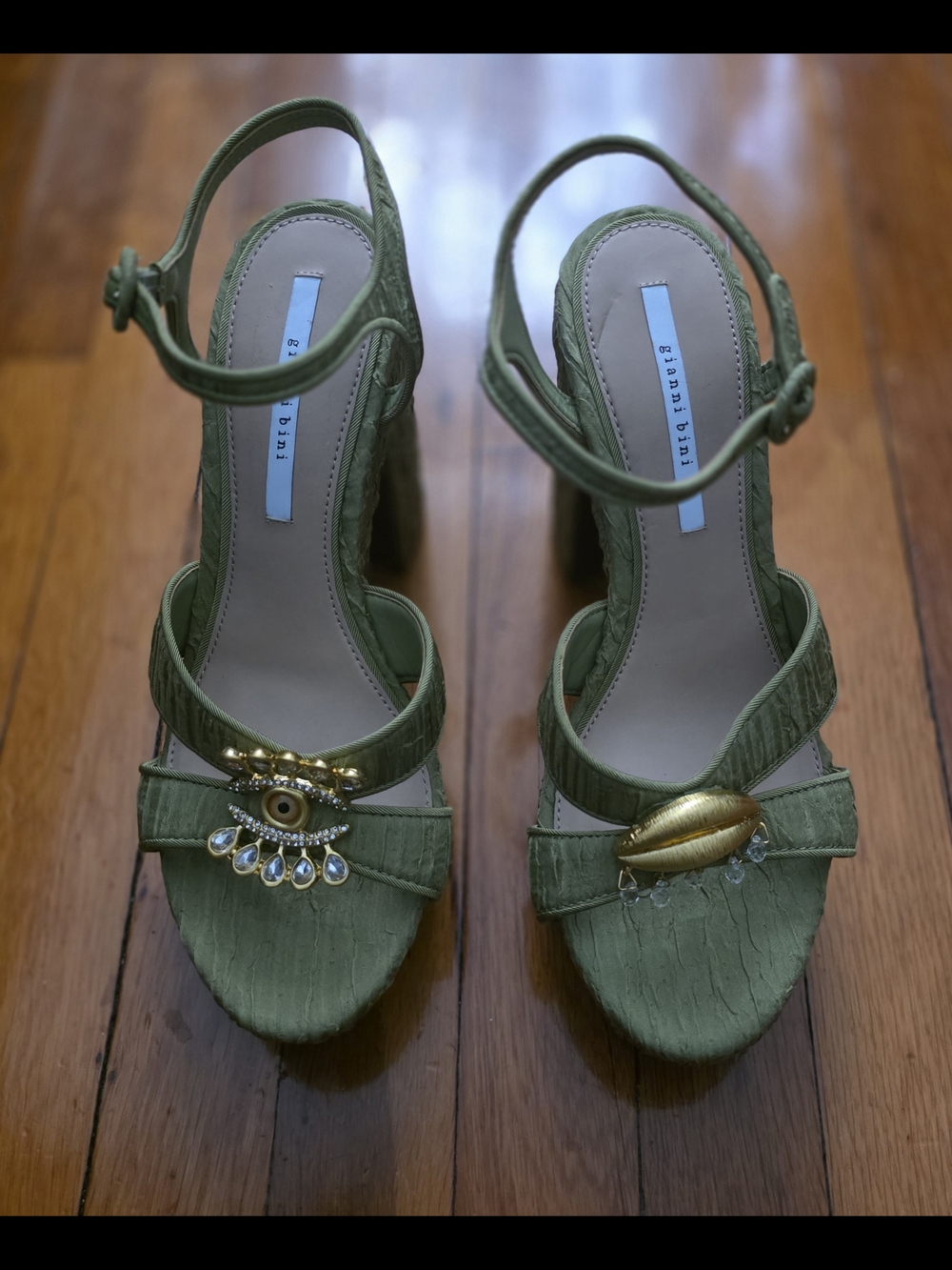 Gianni Bini Olive Green Embellished Ankle-Strap Heels - Picture 3 of 5